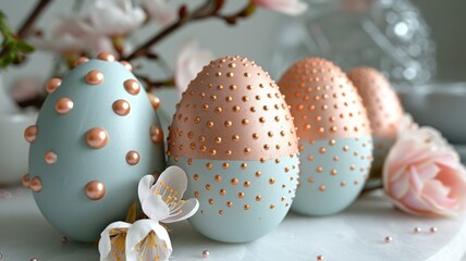 Obraz premium Easter eggs with pastel lace patterns on a 3D-rendered table