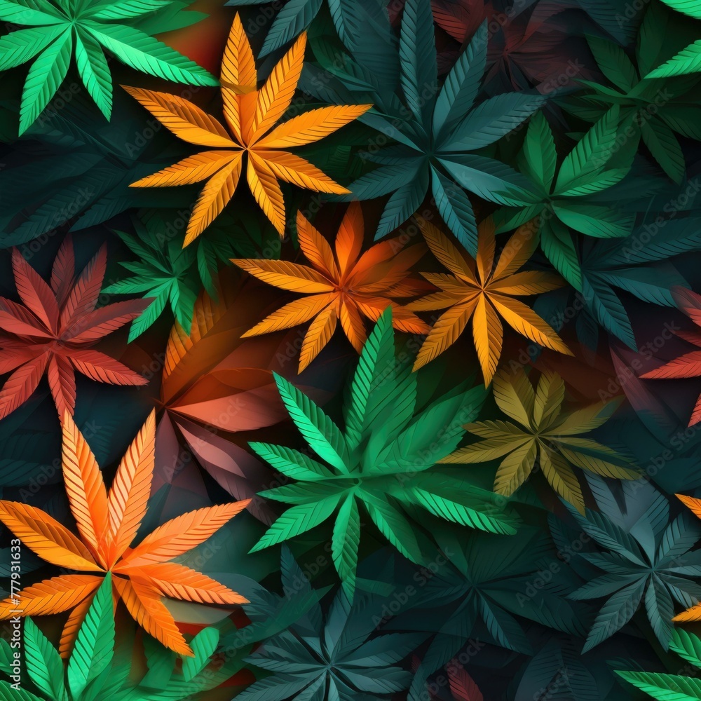 Wall mural A colorful pattern of marijuana leaves on a dark background. Generative AI.