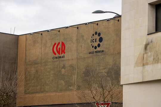 France, 10 March 2024 : Exterior Wall of CGR Cinemas with ICE and Premium Hall Signage.