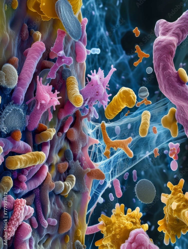 Poster a close up of a bunch of different types of bacteria. generative ai.