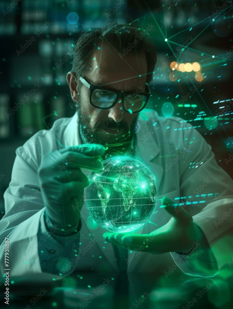 Aufkleber a man in lab coat holding up a globe with glowing lines. generative ai.