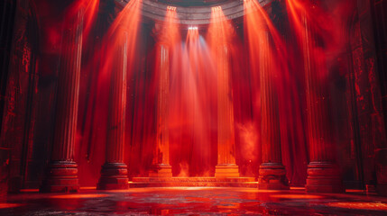 Red Maroon Golden lights rays Stage Royal Awards Graphics Background. Stage show Platform Elegant...