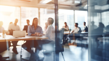 Fototapeta premium Business Meeting Behind Glass Wall - Corporate Teamwork and Office Dynamics - blurry out of focus workplace collaboration image.