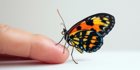 A small orange and black butterfly sitting on a finger. Generative AI.
