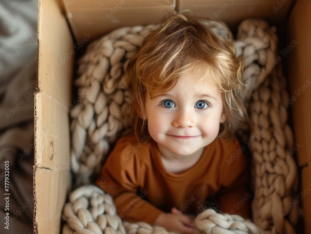 Poster a small child is sitting in a box with yarn. generative ai.