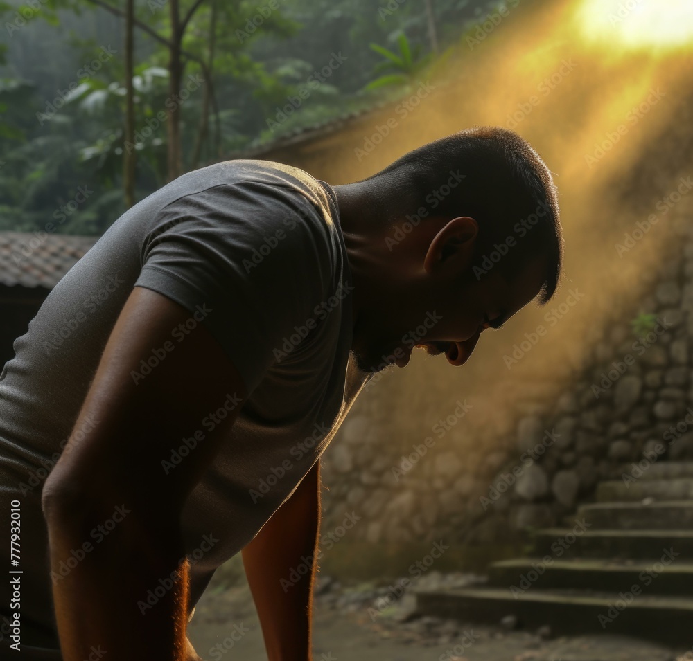Poster a man standing in front of a mountain with sunlight coming through. generative ai.