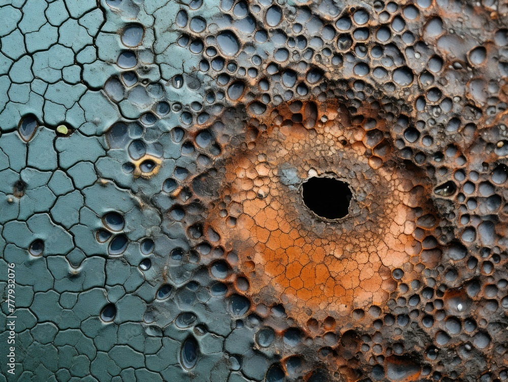 Poster a close up of a rusty metal surface with holes in it. generative ai.