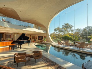 A large living room with a piano and chairs around the pool. Generative AI.