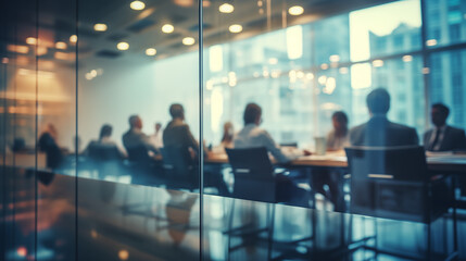 Business Meeting Behind Glass Wall - Corporate Teamwork and Office Dynamics - blurry out of focus workplace collaboration image. - obrazy, fototapety, plakaty