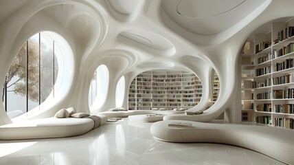 Minimalist library, clean lines, focused learning environment