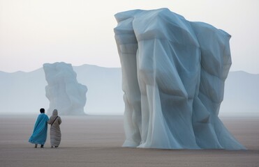Two people walking in the desert with large sculptures of ice. Generative AI.