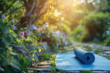 A bright blue yoga mat rolled out in a peaceful garden, surrounded by fresh greenery and flowers, the area bathed in the tranquil light of dawn - obrazy, fototapety, plakaty
