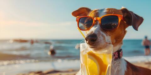 Dog drinking beer with sunglasses relaxing on the beach background, - obrazy, fototapety, plakaty