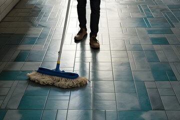 Person sweeps tile floor with dust mop, maintaining cleanliness - obrazy, fototapety, plakaty