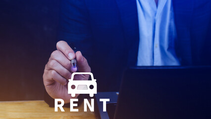 Vehicle, transportation investment and car mortgage financial concept, Realtor's hand puts with icon car and word RENT. Rent a car.