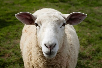 Obraz premium Pic Close up shot captures sheeps curious gaze in farm setting