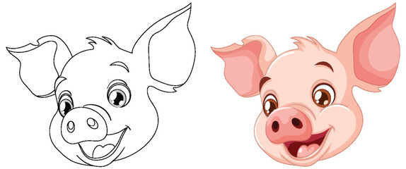 Vector illustration of a pig, from line art to color