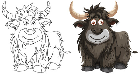 Illustration of a yak, transitioning from line art to color