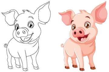 Obraz na płótnie Canvas Black and white and colored piglet vector illustrations.
