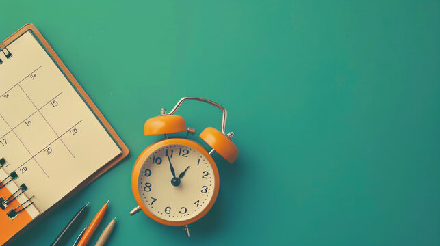 a clock calender green background copy space ,busines trip traveling management