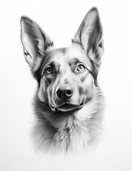 Portrait of a German Shepherd on white background in black and white
