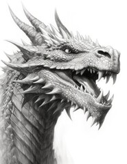 dragon head on a white background, drawing by hand, monochrome