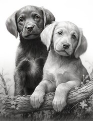 Two puppies of the dachshund on a tree branch.