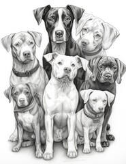 Large group of dogs in black and white, isolated on white background