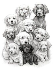 Labrador retriever puppies, sketch vector graphics monochrome illustration