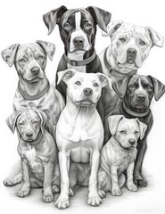 A group of dogs of the staffordshire terrier breed.