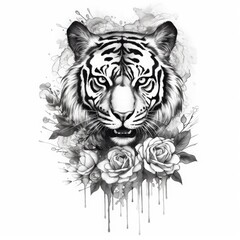 Tiger with roses. Hand-drawn illustration on a white background.