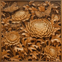 Wooden carving of chrysanthemum flowers on the wall