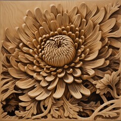 Wooden background with chrysanthemum flower in the center