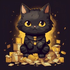 Illustration of a black cat sitting next to a pile of boxes.
