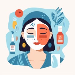 Woman face with cosmetic mask. Facial treatment concept. Vector illustration in flat style