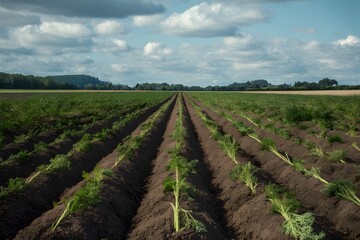 Fototapeta na wymiar Professionally cultivated carrot rows stretch across the field