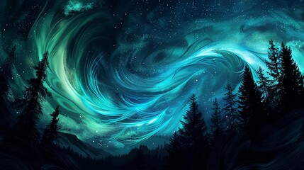 Northern Lights, black background with swirling shades of blue and green - obrazy, fototapety, plakaty
