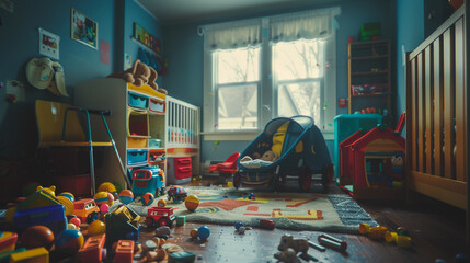 A dirty, unkempt child's playroom, toys scattered and soiled, then tidied, cleaned, and organized, ready for new adventures - obrazy, fototapety, plakaty
