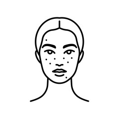 Acne line icon. Female face with pimples. Beautiful young girl, front view. Concept of treatment combination skin with zits. Linear illustration, editable thin stroke.