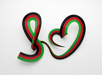 3d Flag Of Malawi Heart Shape Shiny Wavy Awareness Ribbon Flag On White Background 3d Illustration