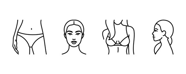 Female body linear icons — hips, face, breast, head profile view. Young slim woman, beautiful girl. Linear illustration set, editable stroke.