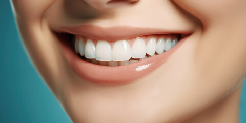 Obraz premium Closeup of woman with beautiful smile and white teeth, isolated on blue background. Teeth whitening, Dentist treatment, dental health - concept