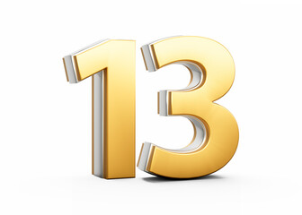 3D Golden Shiny Number 13 Thirteen With Silver Outline Isolated On White Background 3D Illustration