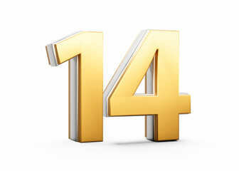 3D Golden Shiny Number 14 Fourteen With Silver Outline Isolated On White Background 3D Illustration