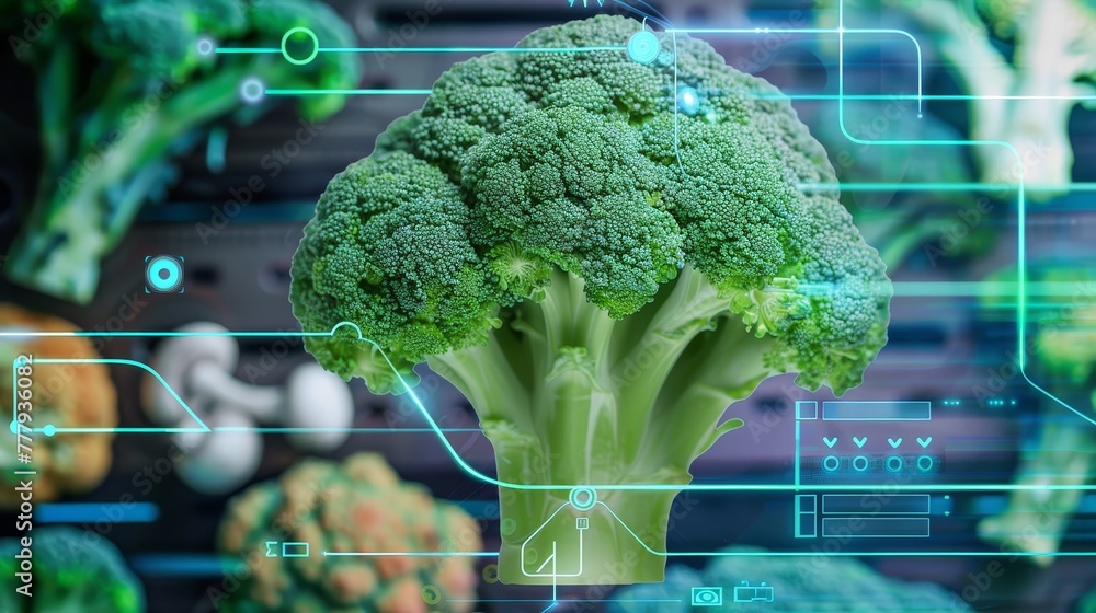 Wall mural Broccoli, Contains sulforaphane, a potent compound with anticancer properties, super food conception, futuristic background