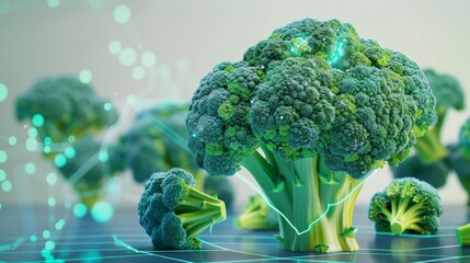 Broccoli, Contains sulforaphane, a potent compound with anticancer properties, super food conception, futuristic background - obrazy, fototapety, plakaty