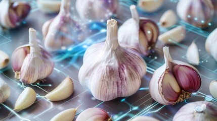 Garlic, Known for its antiinflammatory and cardiovascular benefits, super food conception, futuristic background