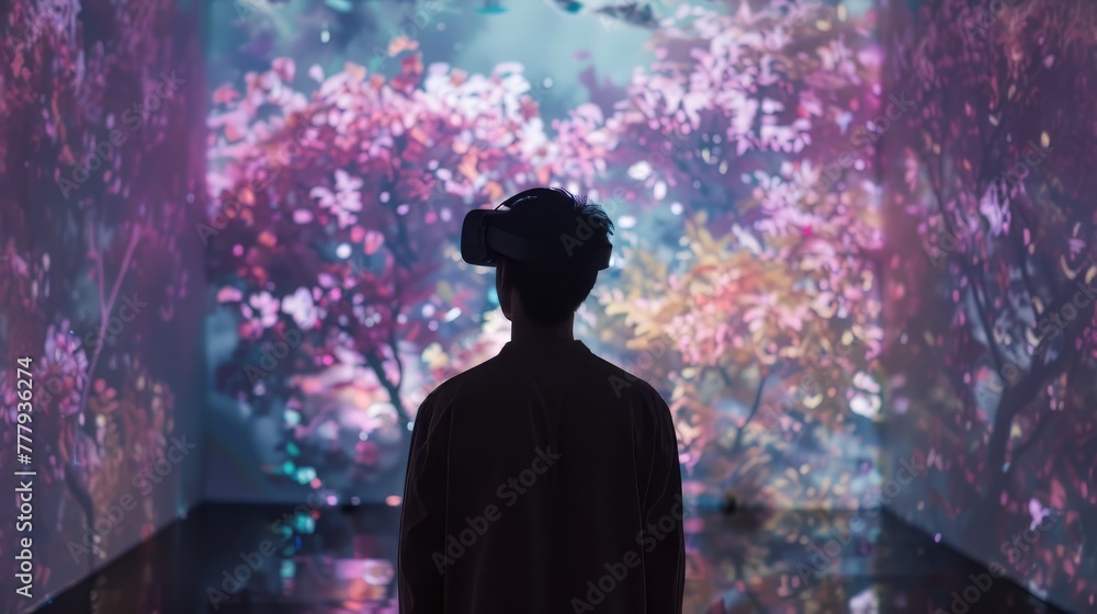 Poster A man stands in front of a large projection of trees