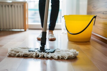 Simple mop on laminate floor with water bucket in background