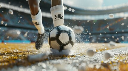 A soccer player kicks a soccer ball on a field. - obrazy, fototapety, plakaty